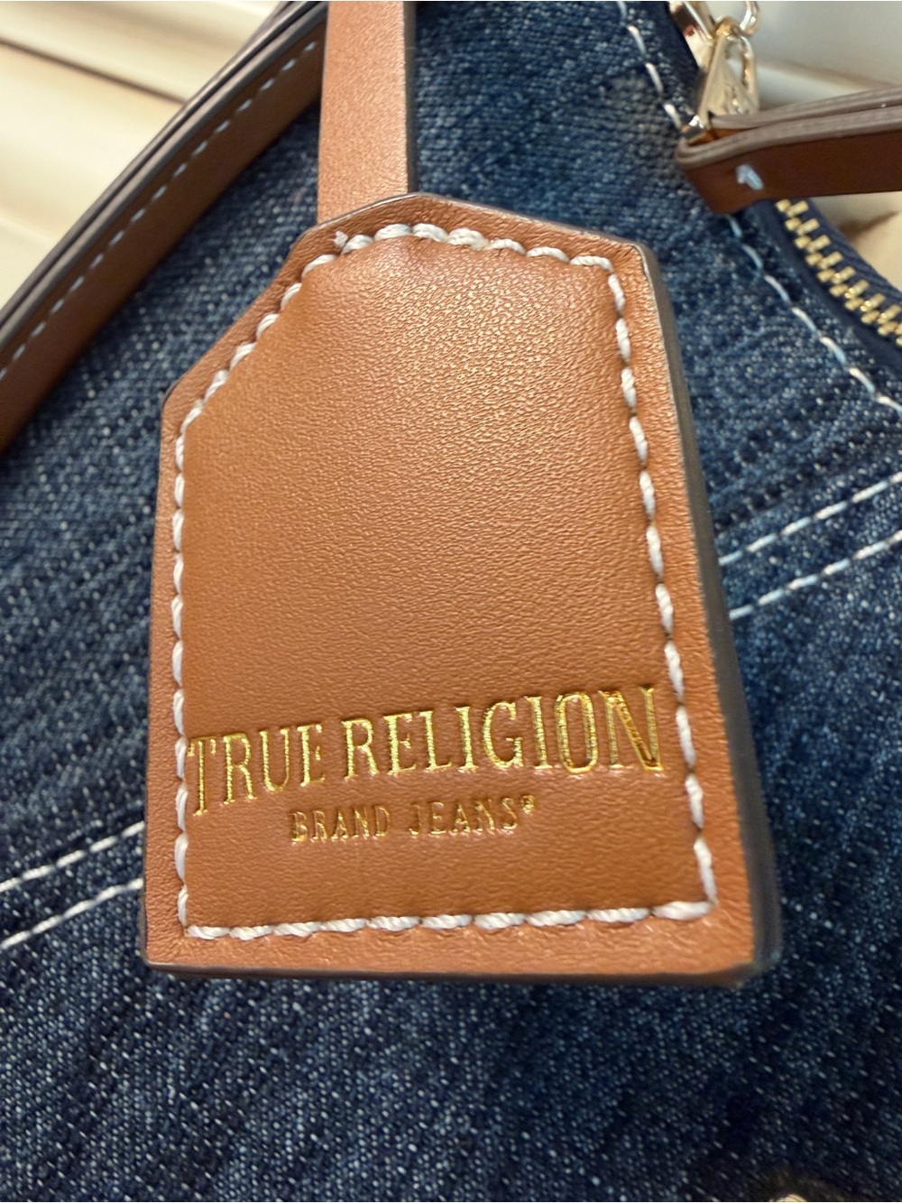 True Religion Dark Blue Denim Hobo with Brown Trim and Gold Logo - Picture 5 of 11